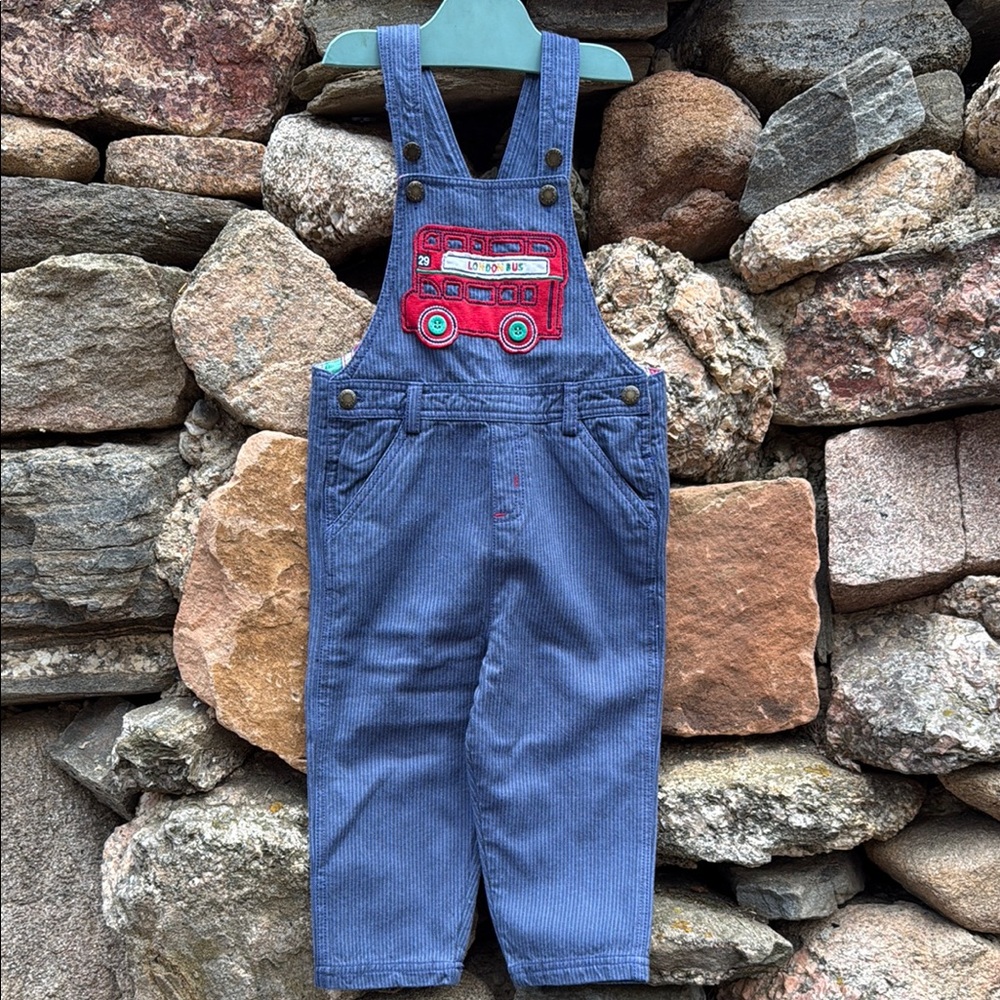 London bus appliqué blue pinstripe Overalls with Classic Bib Front 3-4 years